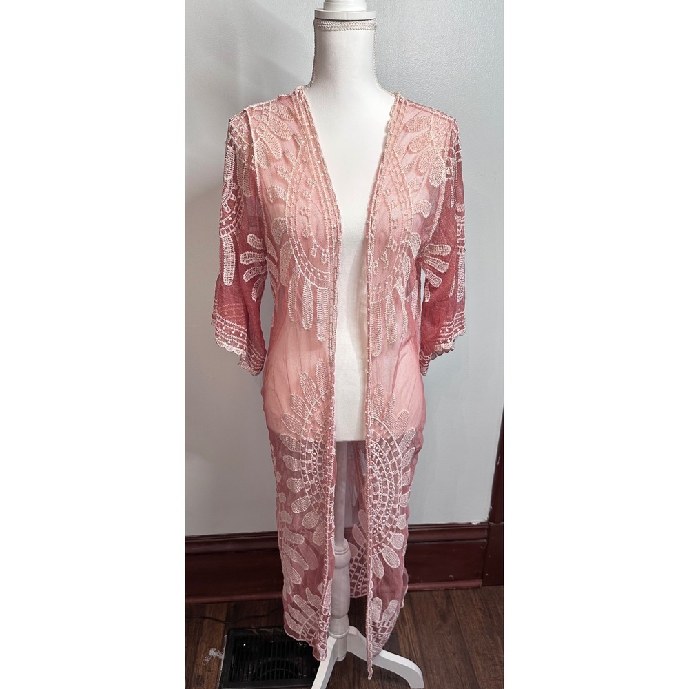 Rebellion Again Pink Lace Mesh Duster Cardigan Bohemian Longline Kimono Small